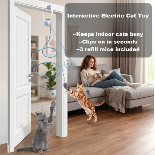 Interactive Electric Cat Toy for Indoor Cats, Automatic Self Play Teaser, USB C Rechargeable with 3 Refill Mice, Smart Hanging Toy 15 Min Auto Cycle