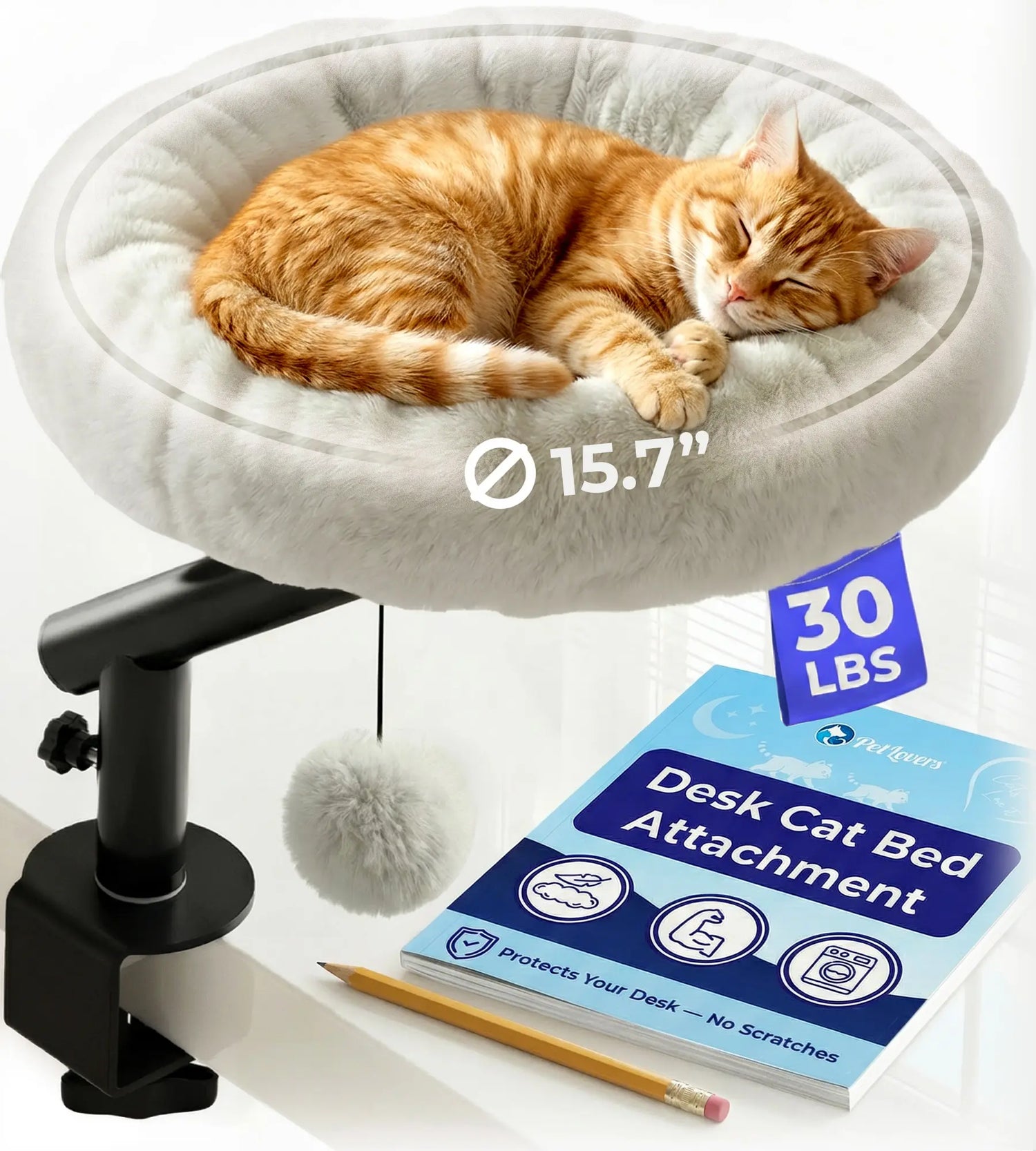 Petlovers Cat Desk Bed - Plush Elevated Desk Cat Bed Attachment with Removable Washable Cushion, 360° Swivel Arm, Secure Clamp - Keeps Your Cat Close While You Work or Play