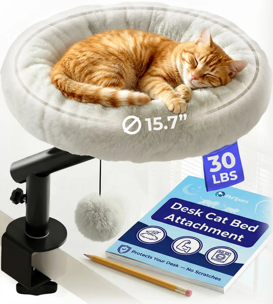 Petlovers Cat Desk Bed - Plush Elevated Desk Cat Bed Attachment with Removable Washable Cushion, 360° Swivel Arm, Secure Clamp - Keeps Your Cat Close While You Work or Play